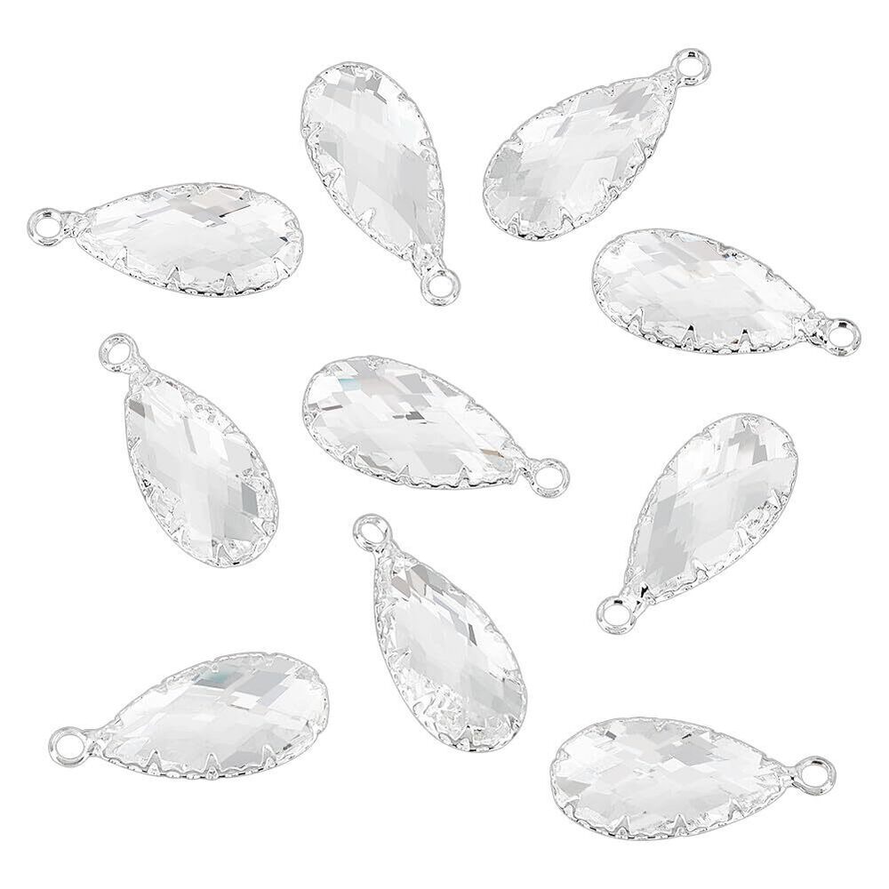 8881 10Pcs Glass Charm Pendants, 0.94x0.4 Inch Silver Faceted Drop Teardrop